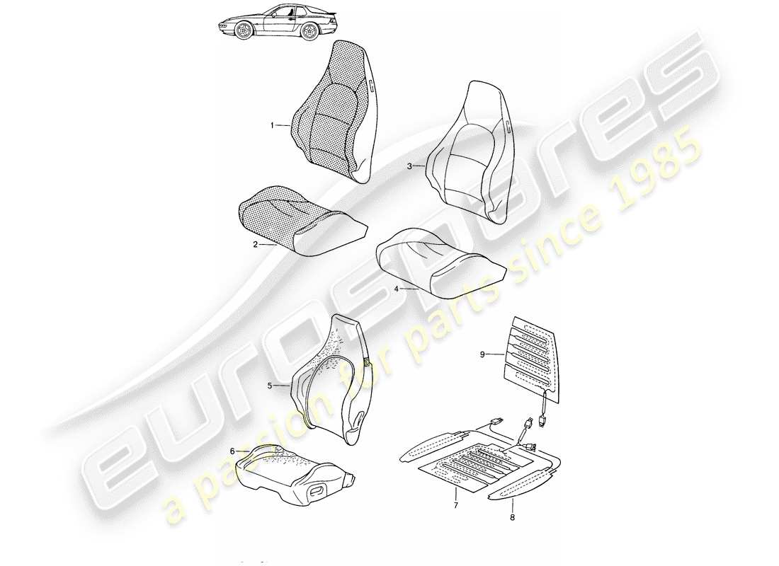 a part diagram from the porsche 1988 (seats for 944/968/911/928) parts catalogue