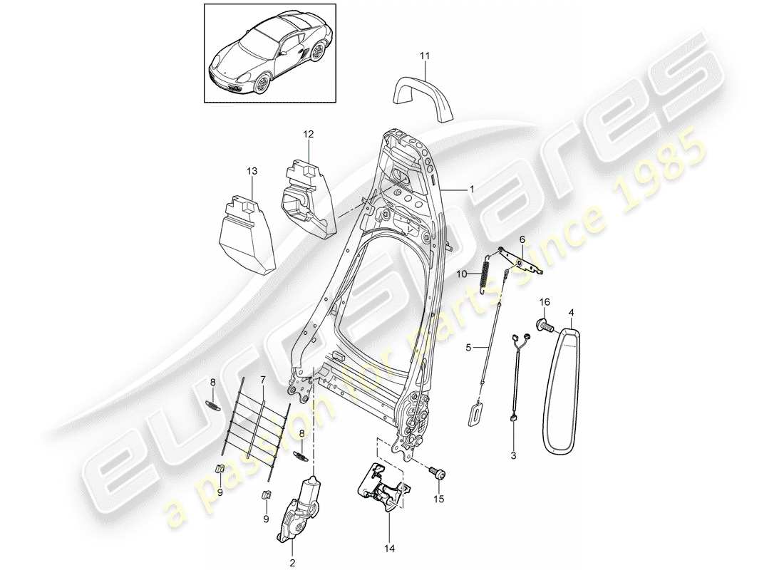 porsche 2009 (987 cayman) backrest frame sports seat part diagram