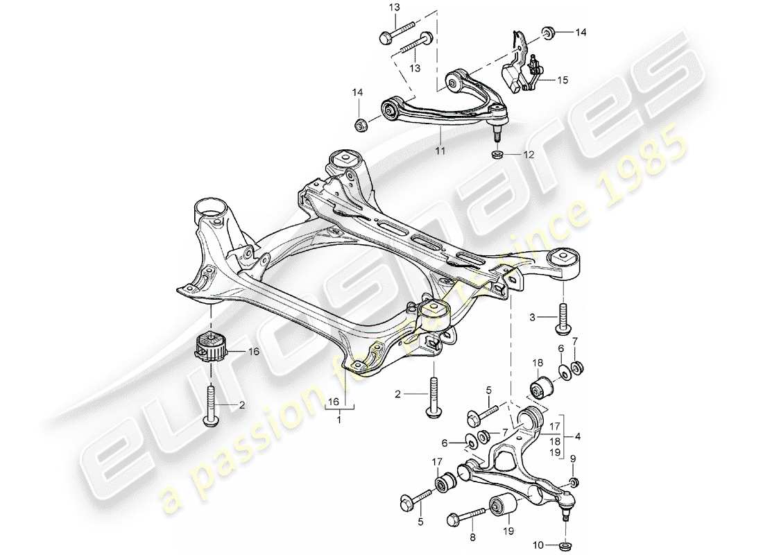 porsche 2005 (cayenne e1 9pa) suspension sub-frame wishbone headlight range control level sensor part diagram