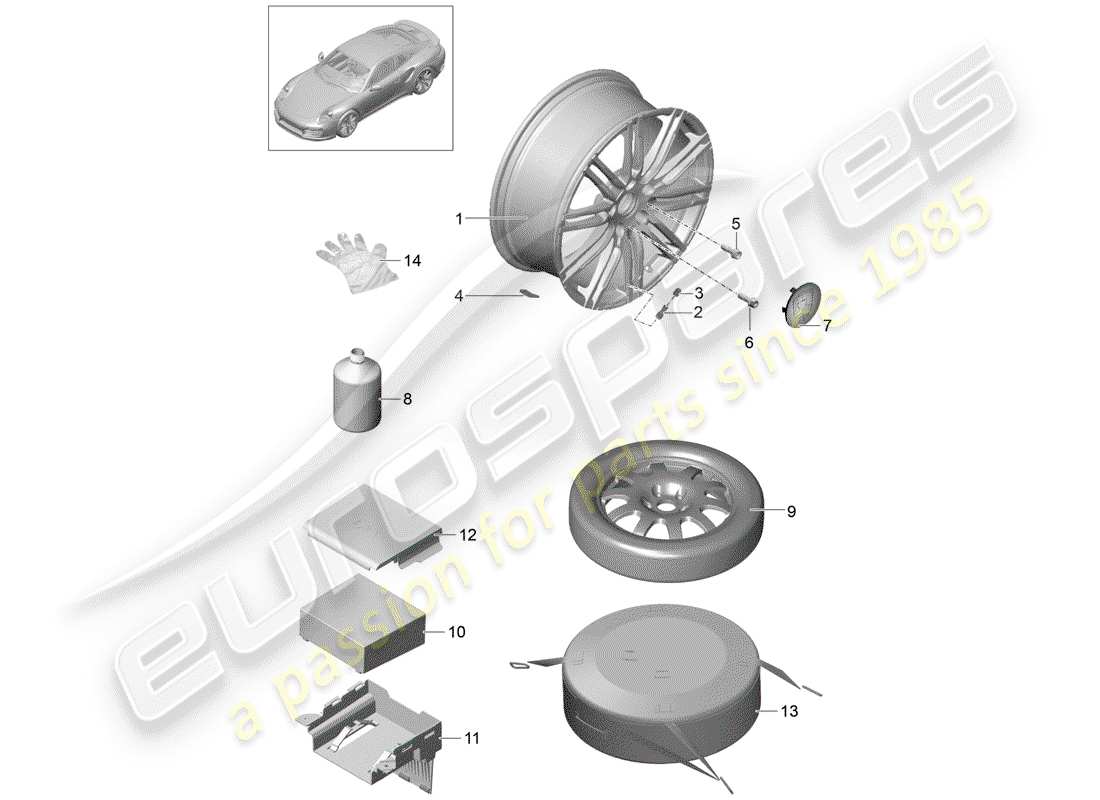 porsche 2014 (991-1 turbo) aluminium rim spare wheel tyre sealant d >>- mj 2016 part diagram