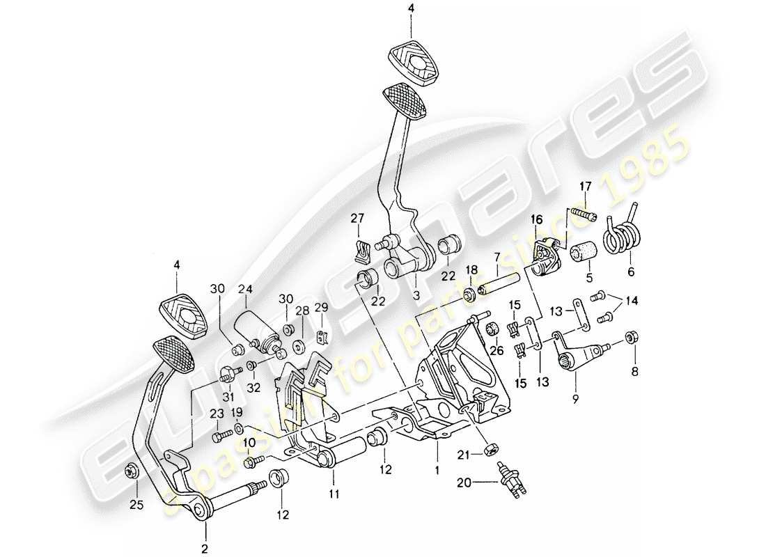 porsche 1991 (964) pedals - manual gearbox parts diagram