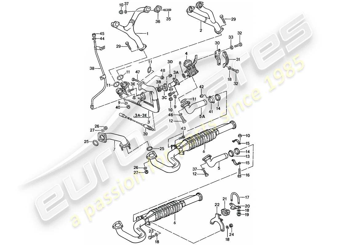 porsche 1988 (944) exhaust system - - catalyst - see technical information parts diagram