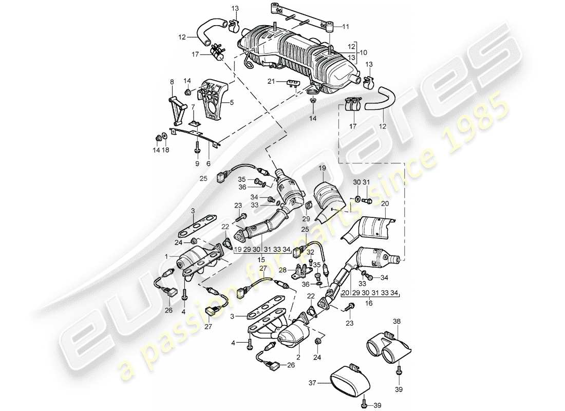 porsche 2002 (986 boxster) exhaust system m 96.21/22 00-02 m 96.23/24 03- parts diagram