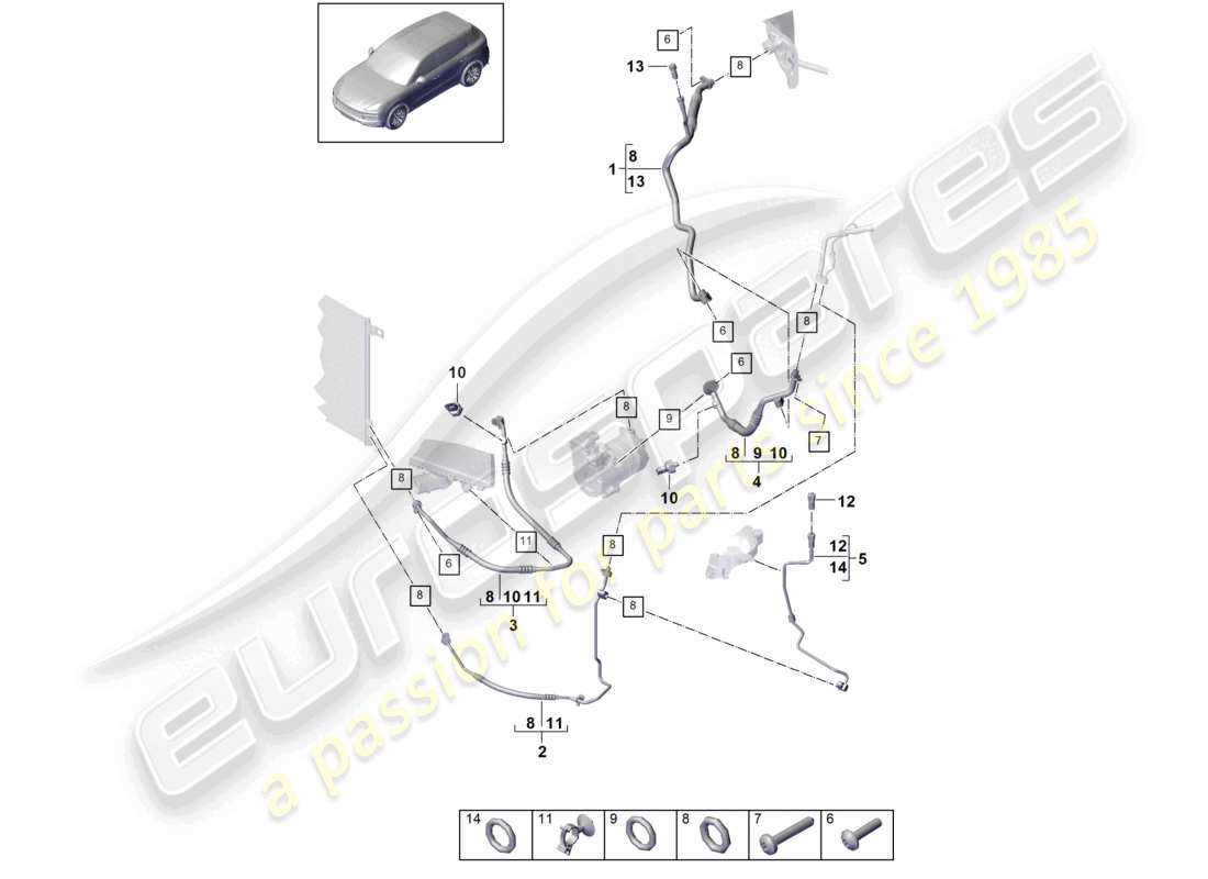 porsche 2018 (cayenne e3 9ya/9yb) refrigerant circuit v6 r1234yf for vehicles with hybrid drive parts diagram