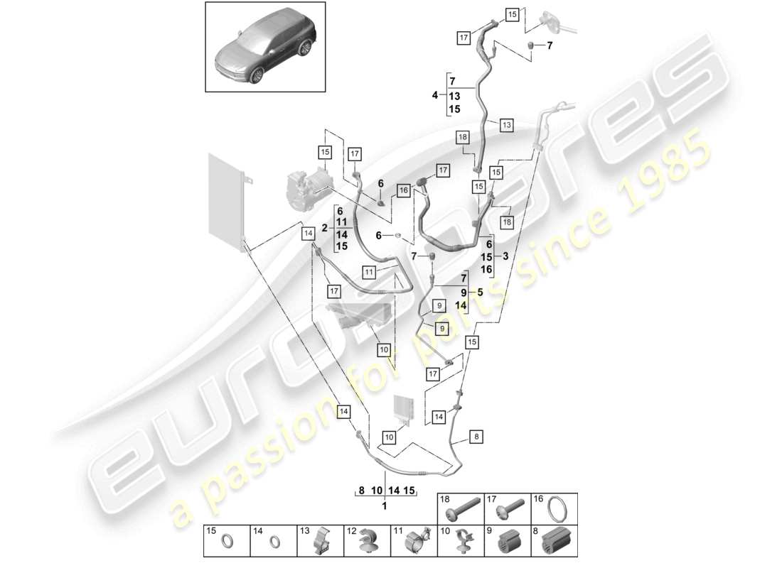 porsche 2018 (cayenne e3 9ya/9yb) refrigerant circuit r4 r134a coolant for vehicles with hybrid drive parts diagram