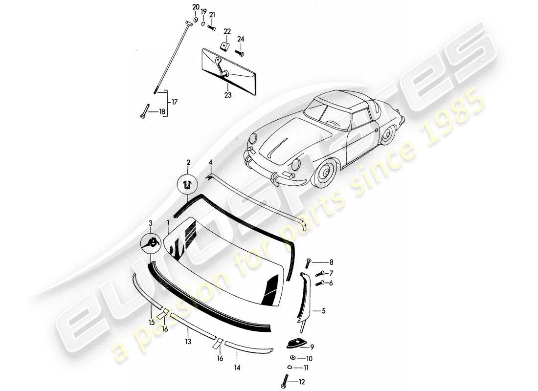 porsche 1962 (356b/356c) window glazing part diagram