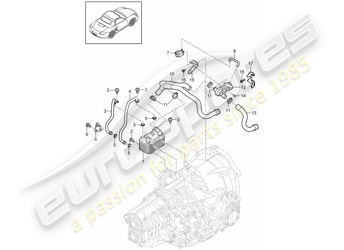 porsche 2009 (987 boxster) - pdk - gearbox heat exchanger oil pipe water pipe parts diagram