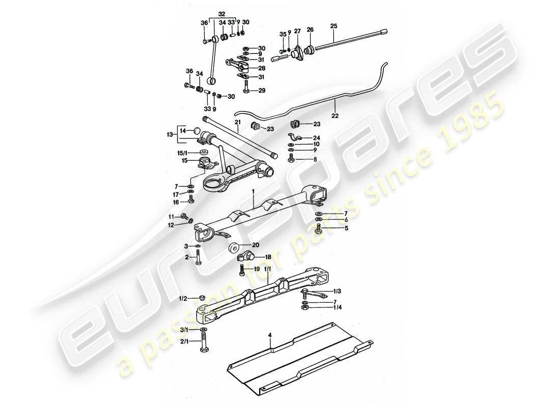 porsche 1976 (911 turbo) front axle - stabilizer - sub frame - light alloy part diagram