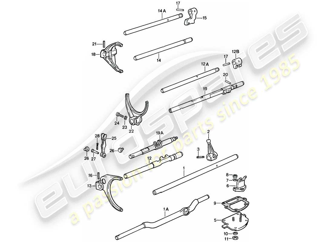 porsche 1989 (911) shift rods - shift forks - for - 4-speed - and - 5-speed part diagram