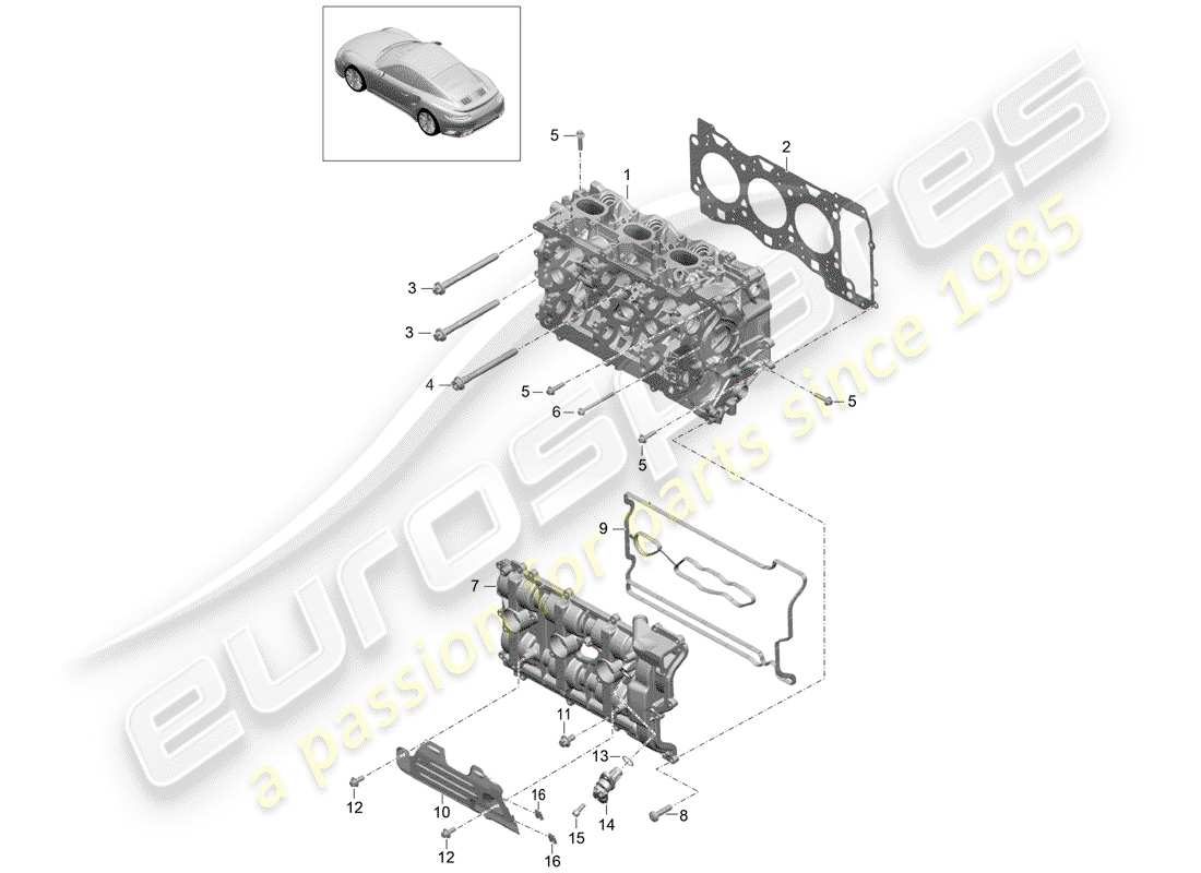 porsche 2016 (991-1 turbo) cylinder head with: inlet/outlet valve cylinder head gasket valve cover part diagram