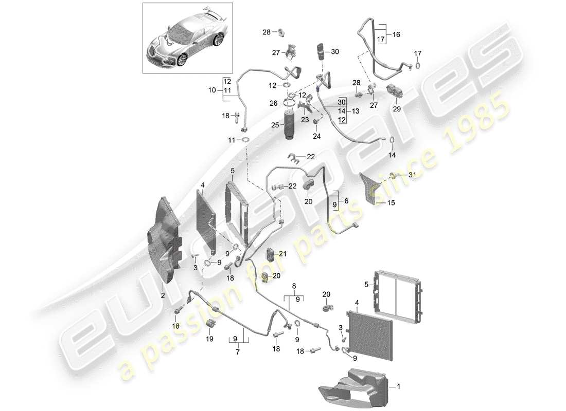 porsche 2016 (991-1 r/gt3/rs) refrigerant circuit front d - mj 2018>> part diagram