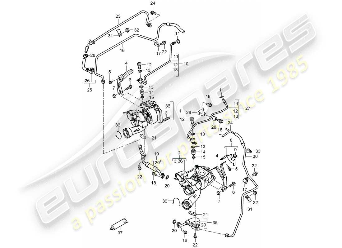 porsche 2007 (cayenne e1 9pa) exhaust gas turbocharger oil pipe for exhaust gas turbocharger part diagram
