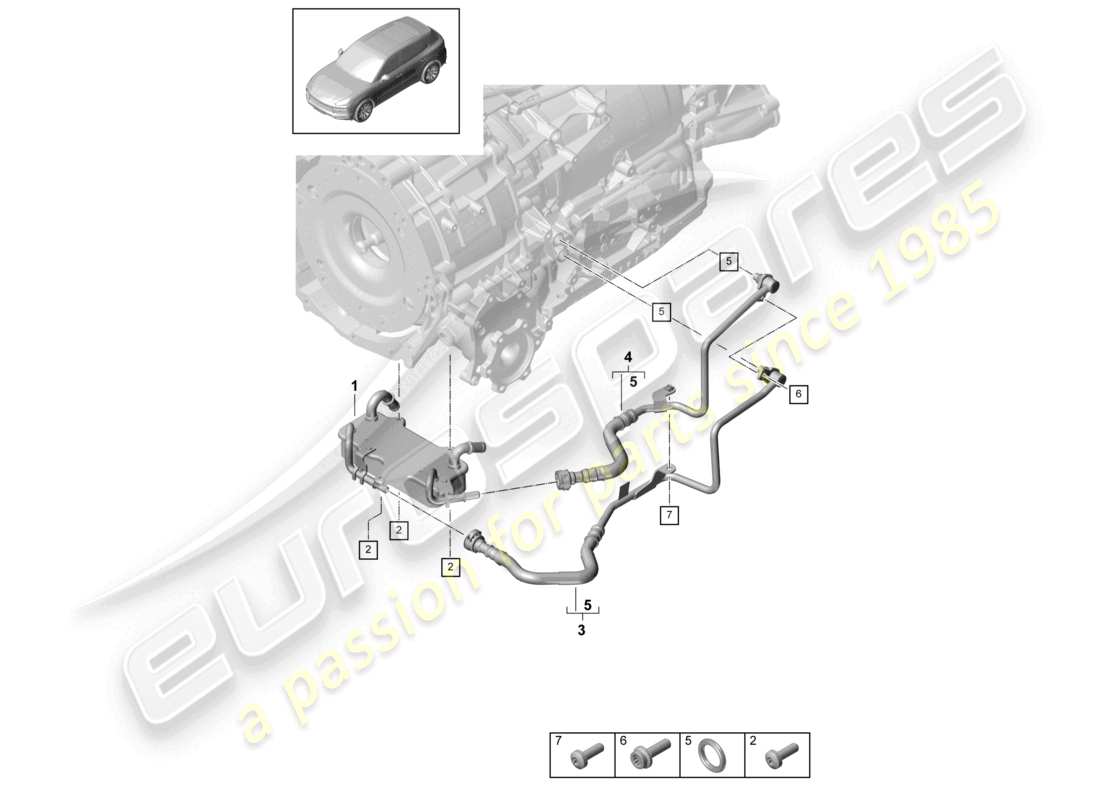 porsche 2020 (cayenne e3 9ya/9yb) 8-speed automatic gearbox for vehicles with hybrid drive gear oil cooler oil pipe part diagram