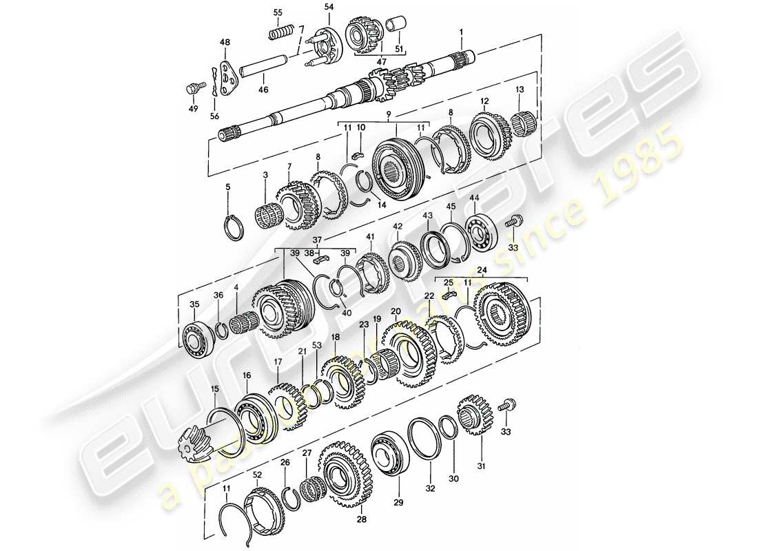 porsche 1988 (944) gears and shafts - manual gearbox parts diagram