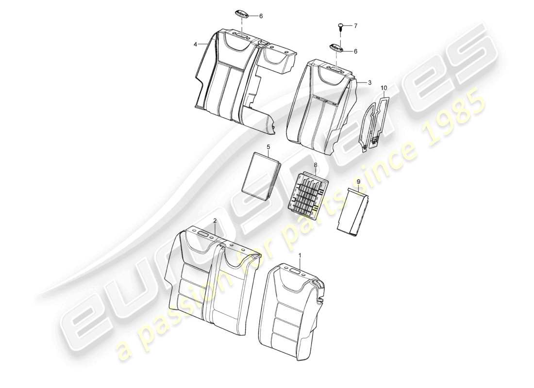 porsche 2009 (cayenne e1 9pa) back seat backrest with: plastic frame for seat backrest covers foam part parts diagram