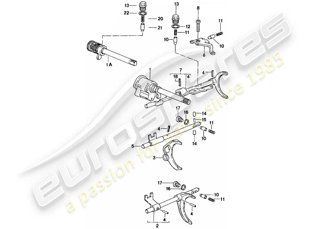 porsche 1981 (924) shift rods - shift forks - manual gearbox - vq vr uv md - me mf mb mx - d - mj 1981>> part diagram