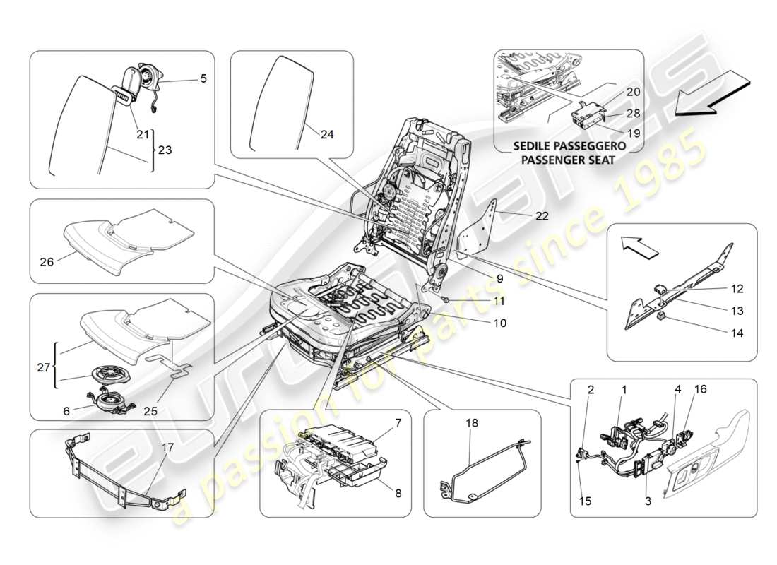 maserati qtp 3.0 bt v6 410hp (2014) front seats: mechanics and electronics parts diagram
