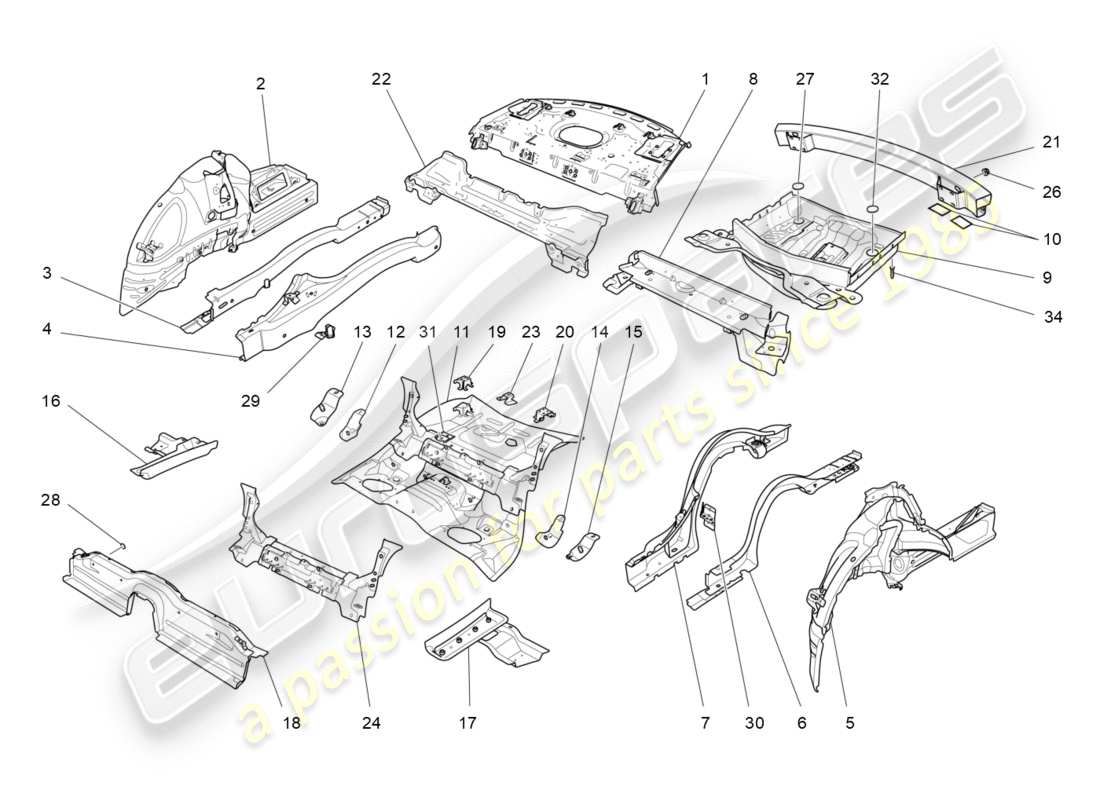 maserati qtp 3.0 tds v6 275hp (2015) rear structural frames and sheet panels part diagram