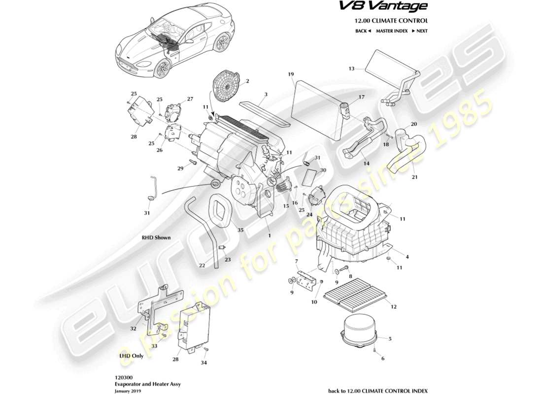 aston martin v8 vantage (2012) evaporator & heater part diagram
