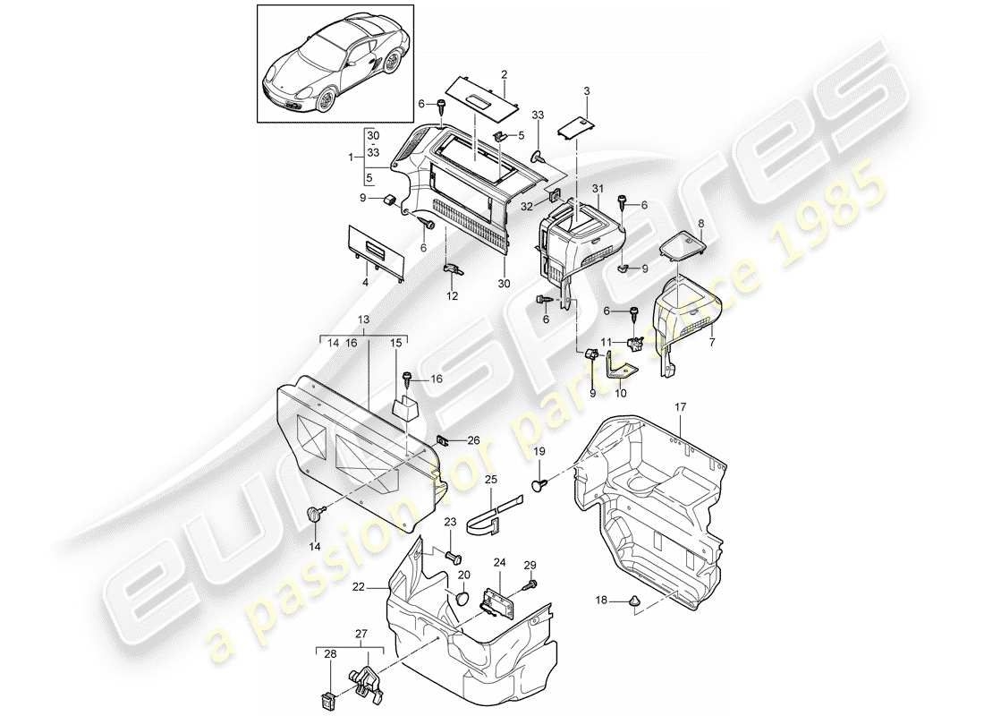 porsche 2012 (987 cayman) luggage boot trims front part diagram