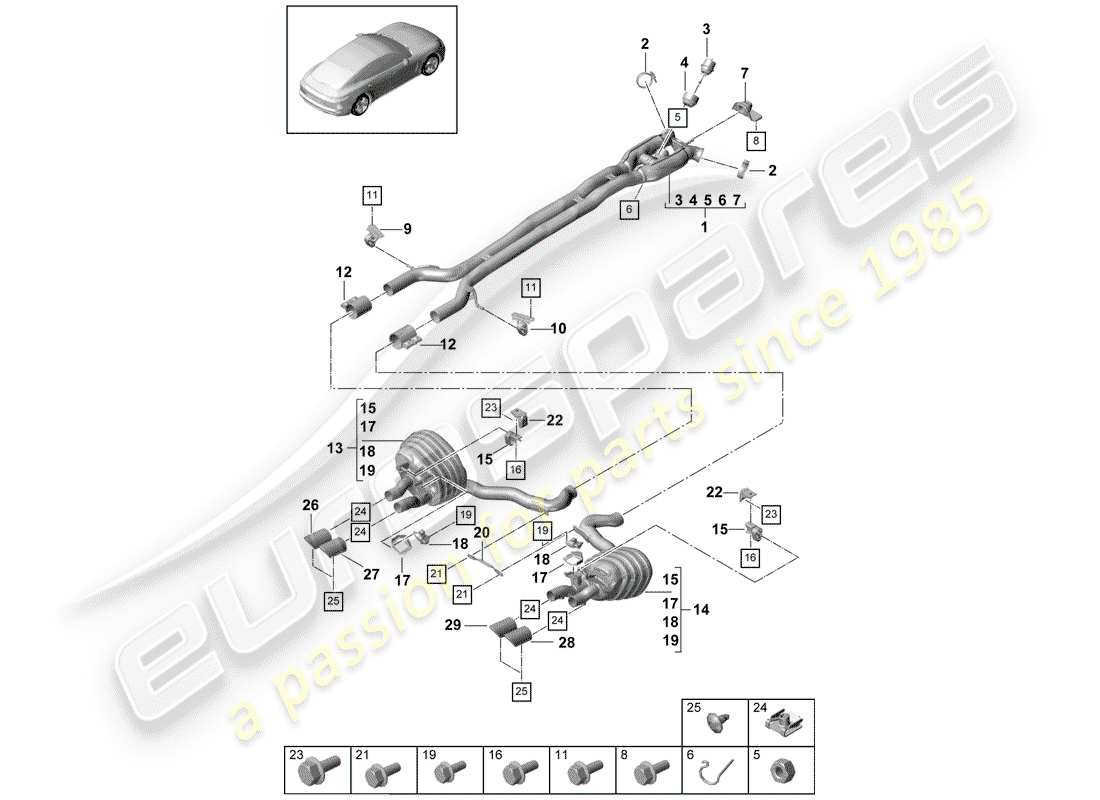 porsche 2018 (panamera 971-1) exhaust system sport version front silencer rear silencer tailpipe part diagram