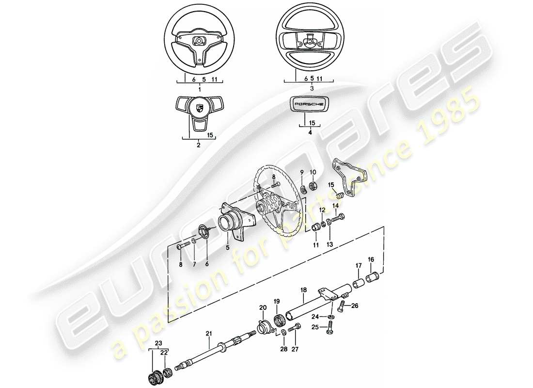 porsche 1983 (944) steering wheel - steering column parts diagram