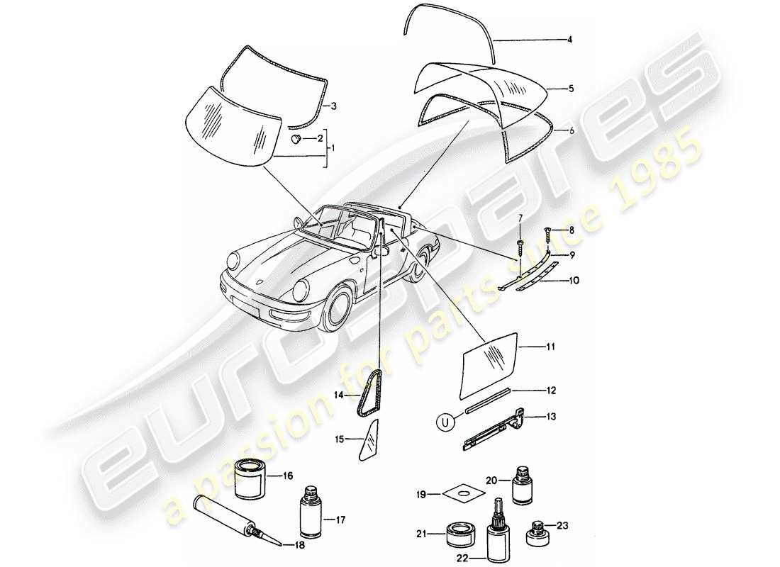 porsche 1993 (964) window glazing parts diagram