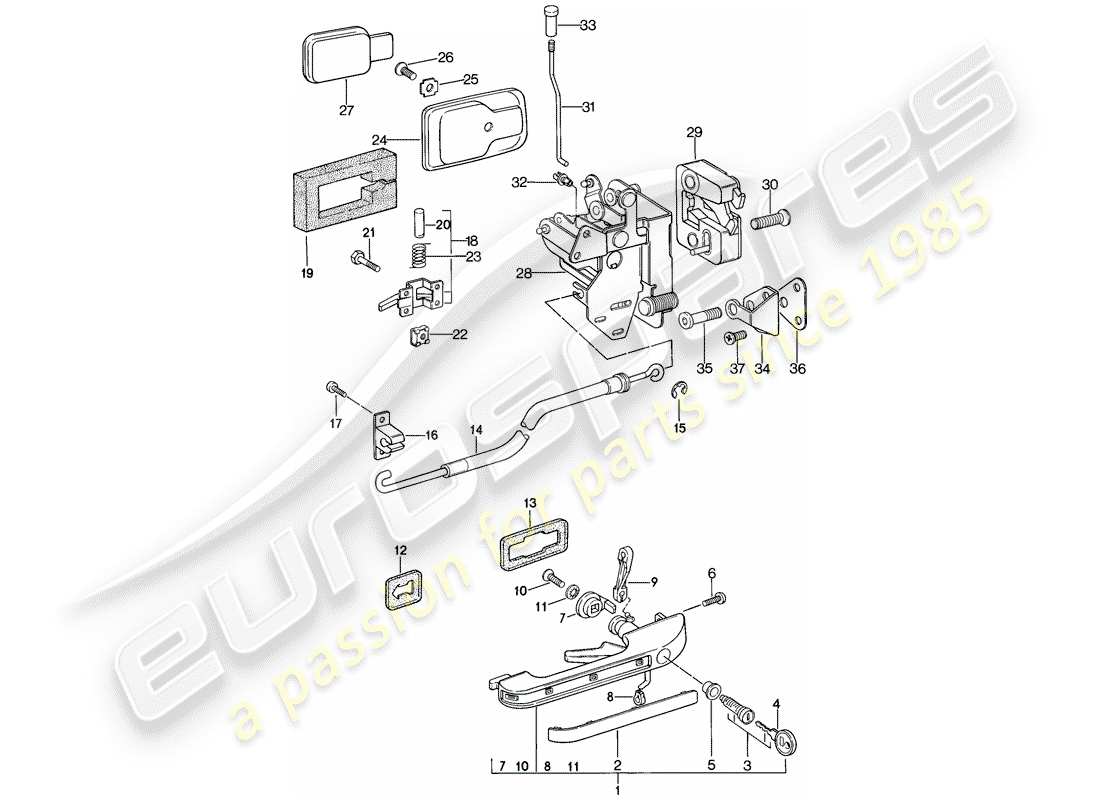 porsche 1982 (944) installation parts - door - door latch parts diagram