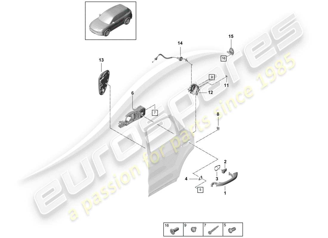 porsche 2020 (cayenne e3 9ya/9yb) door handle, exterior rear door lock part diagram