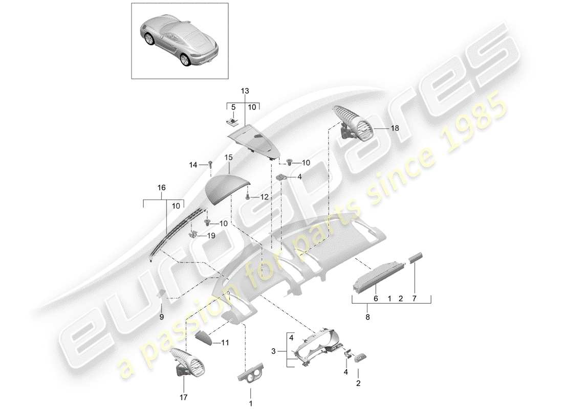 porsche 2018 (718 cayman) accessories instrument panel trim upper part part diagram