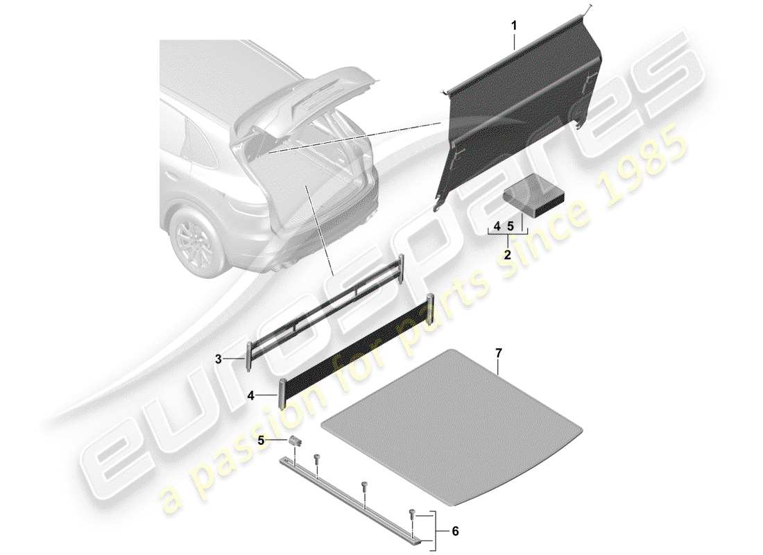 porsche 2018 (cayenne e3 9ya/9yb) luggage compartment trim luggage compartment system net partition parts diagram