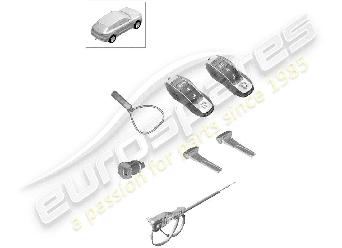porsche 2018 (macan) 1 set of lock cylinders with handheld trans. & emerg. key comprising: lock cylinder for glove compartment flap mounting bar lock cylinders emergency key key fob handheld transmitter part diagram