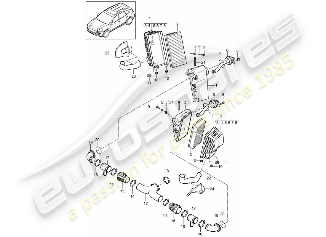 porsche cayenne e2 (2018) air cleaner with connecting parts diagram