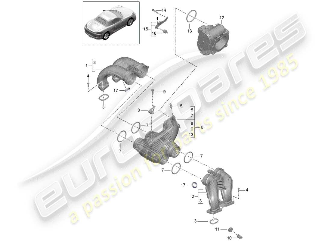 porsche 2020 (718 boxster) intake air distributor throttle valve adapter parts diagram