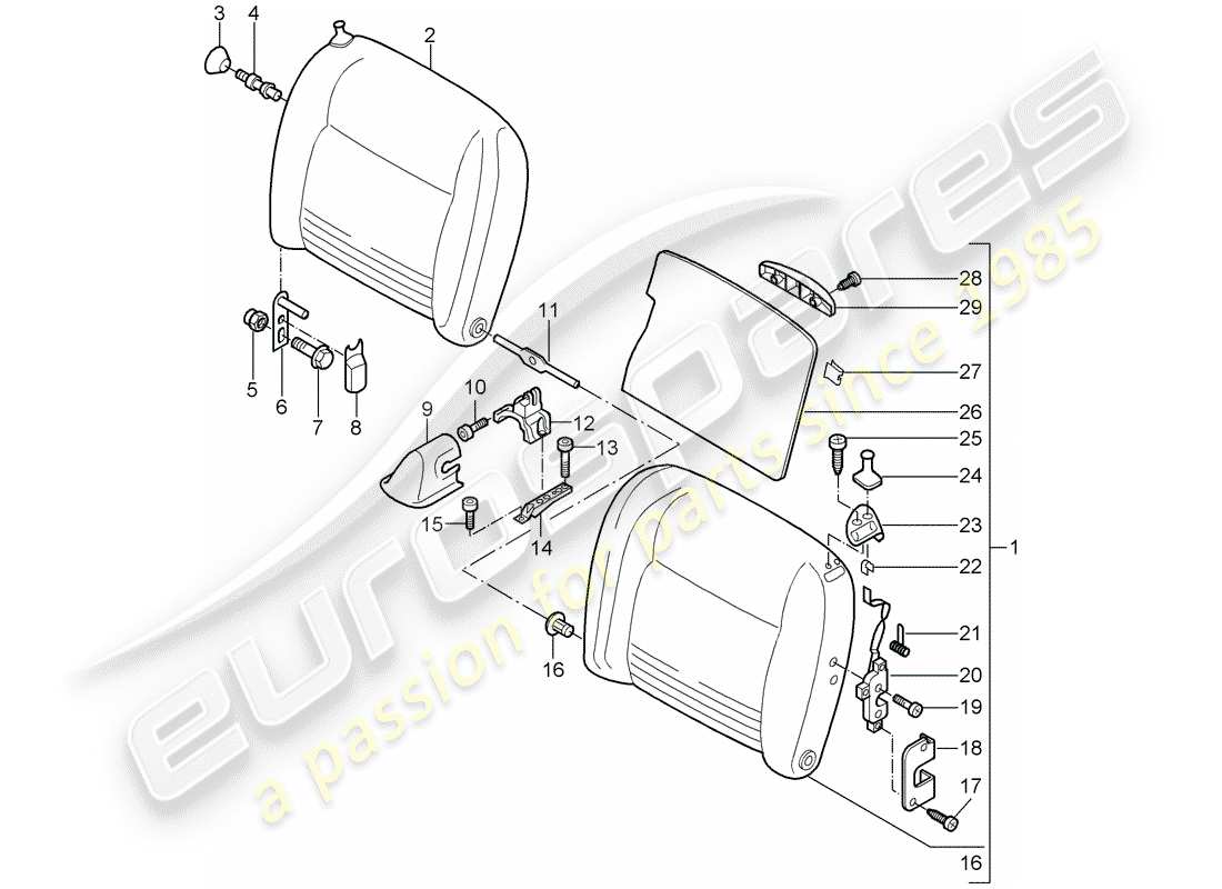 porsche 2002 (996 turbo / gt2) emergency seat backrest part diagram