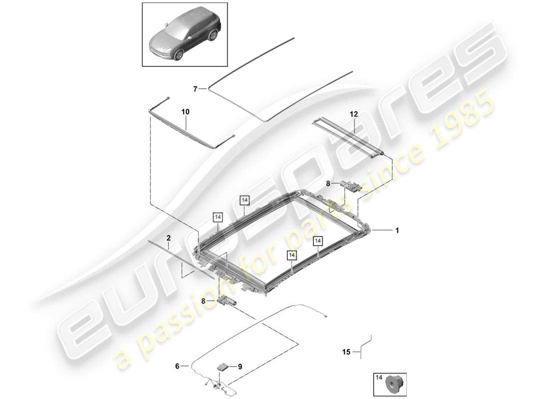 porsche 2020 (cayenne e3 9ya/9yb) glass roof frame accessories part diagram