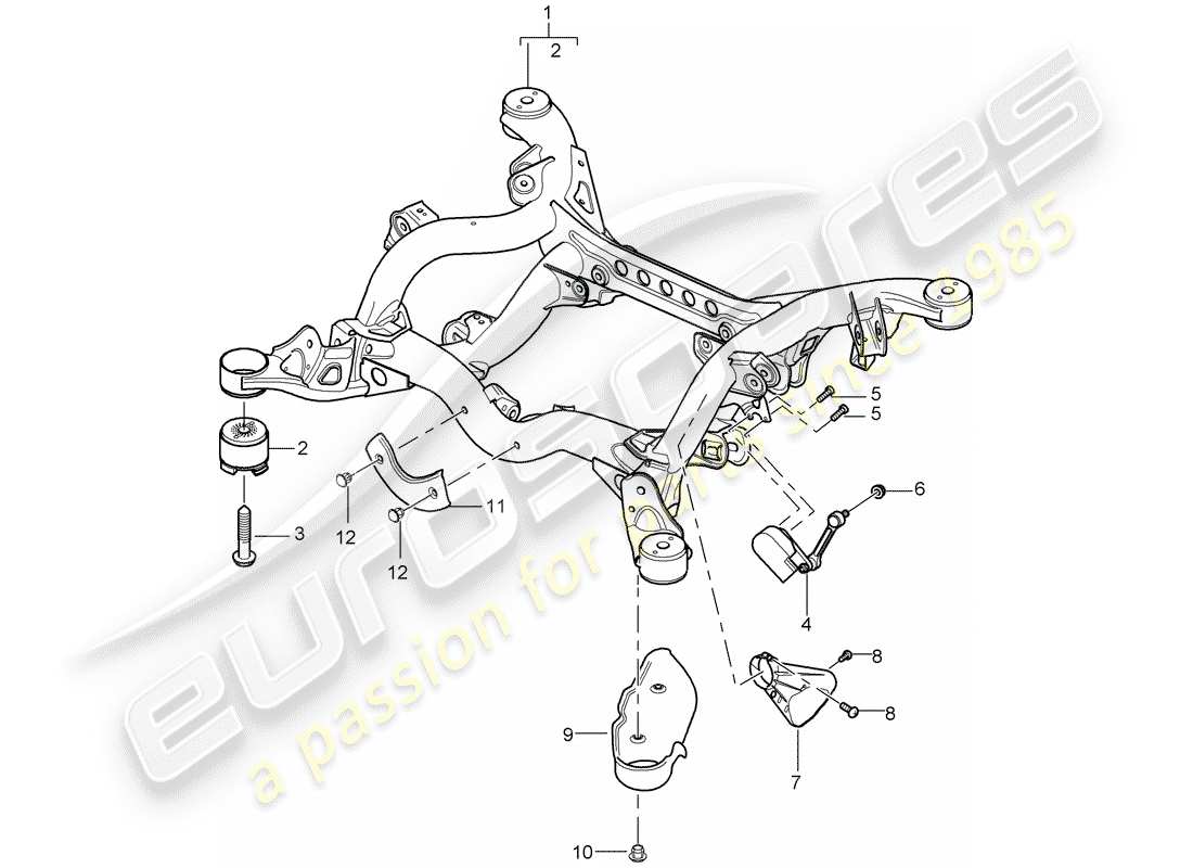 porsche 2008 (cayenne e1 9pa) rear axle suspension sub-frame headlight range control level sensor stone chip guard part diagram