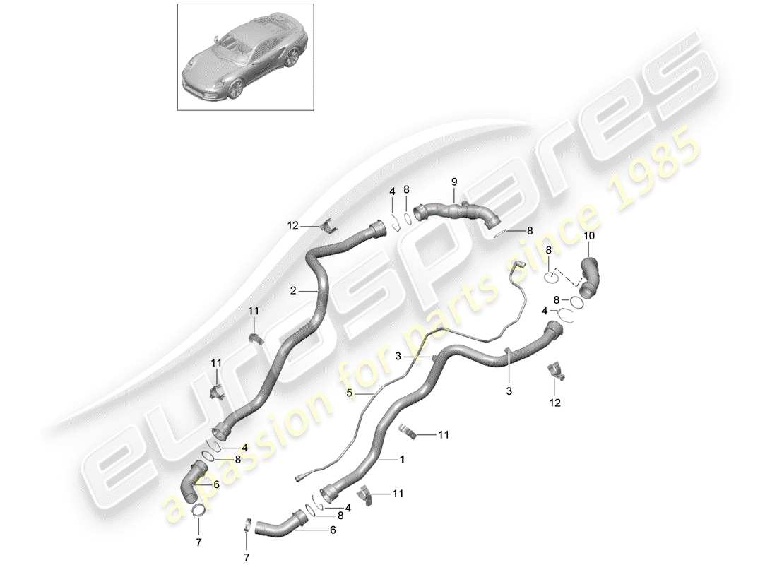 porsche 2015 (991-1 turbo) coolant cooling system rear end part diagram