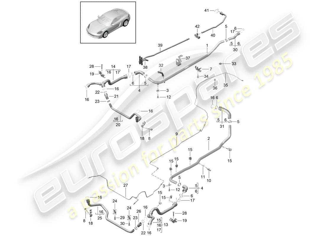 porsche 2017 (718 cayman) coolant cooling system 1 coolant pipe breather line part diagram