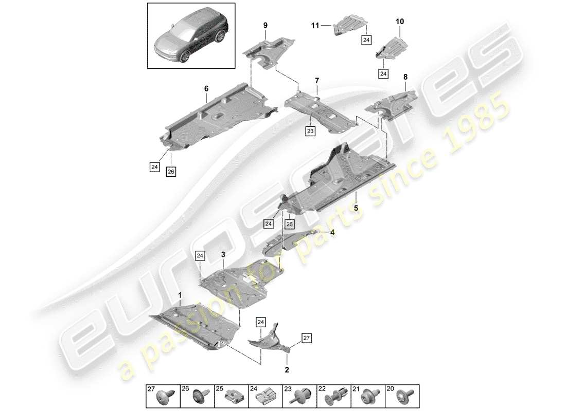porsche 2020 (cayenne e3 9ya/9yb) trim underbody trim for vehicles with hybrid drive part diagram