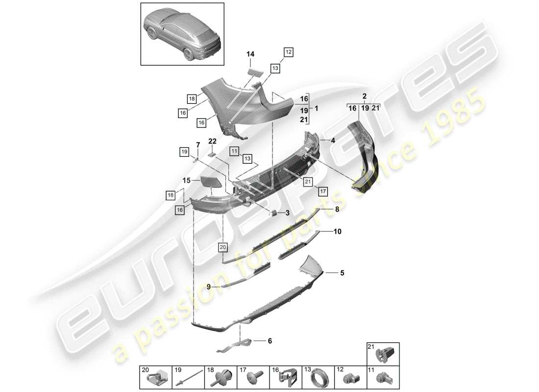 porsche 2018 (cayenne e3 9ya/9yb) bumper rear coupe parts diagram
