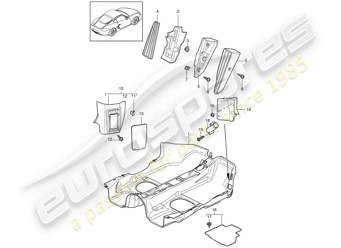 porsche 2009 (987 cayman) interior equipment flooring trims part diagram