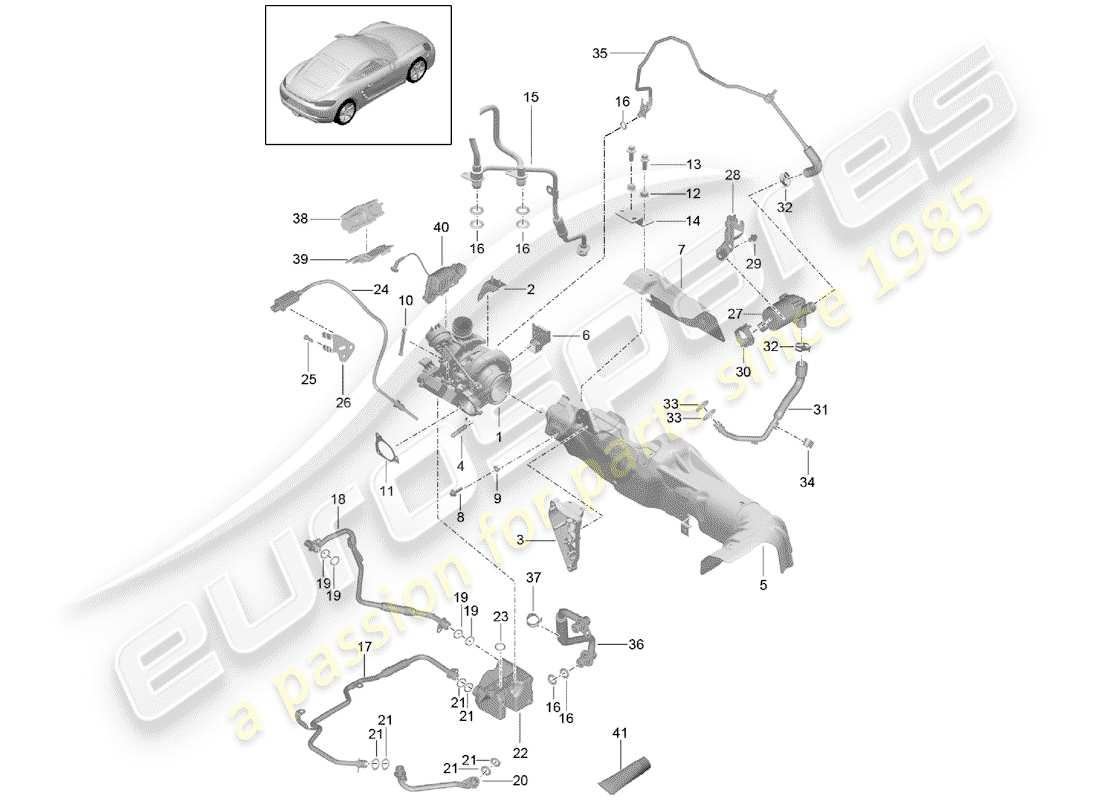 porsche 2020 (718 cayman) exhaust gas turbocharger with: heat insulation oil pipe coolant pipe part diagram