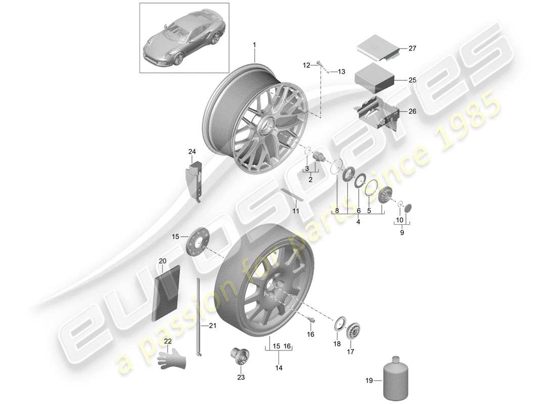 porsche 2016 (991-1 turbo) alloy wheel with central locking d >>- mj 2016 part diagram