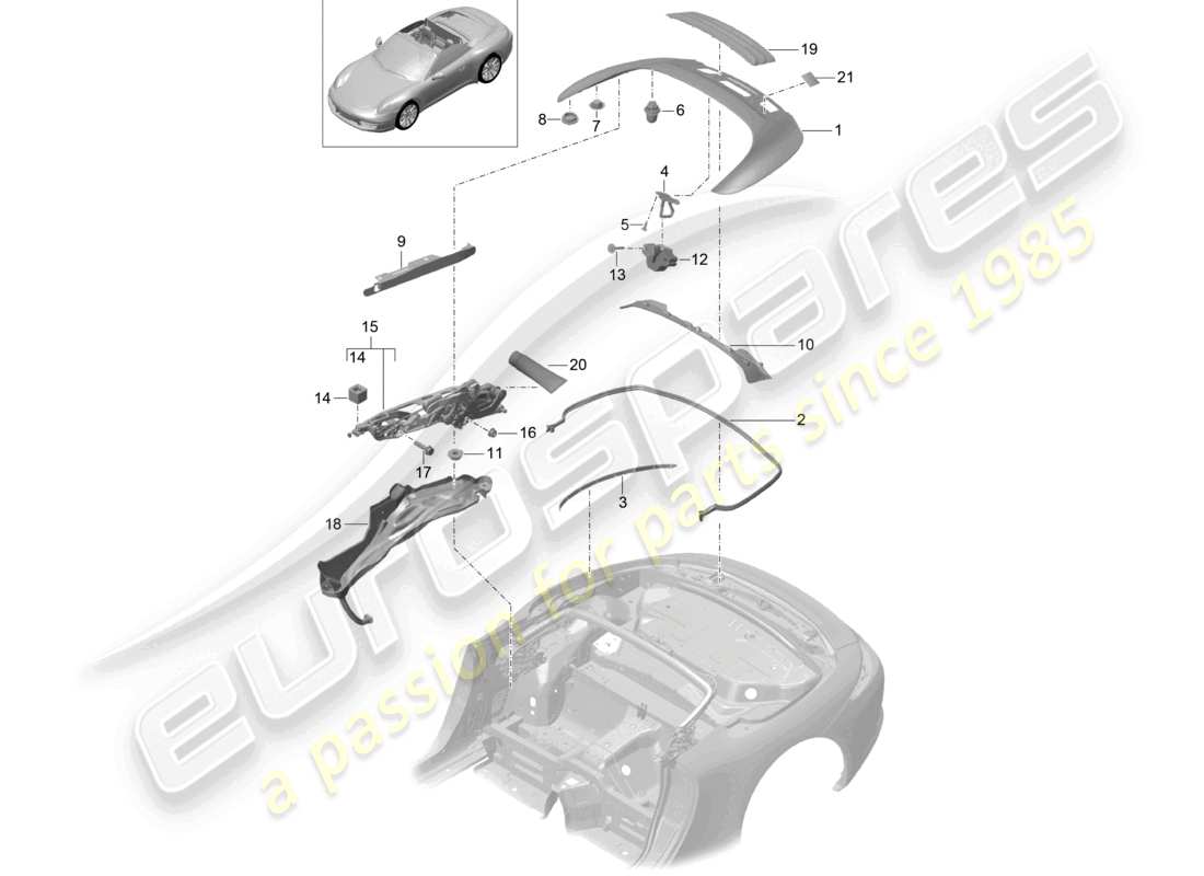 porsche 2016 (991-1) convertible top stowage box cover parts diagram