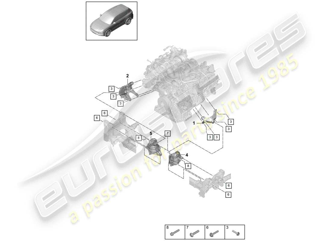porsche 2019 (cayenne e3 9ya/9yb) engine lifting tackle lower console for engine mounting engine mounting parts diagram