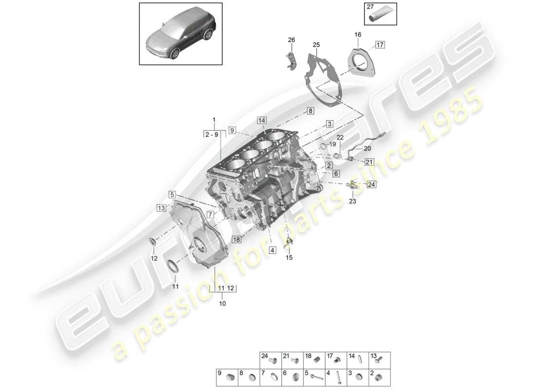 porsche 2018 (cayenne e3 9ya/9yb) crankcase housing individual parts parts diagram