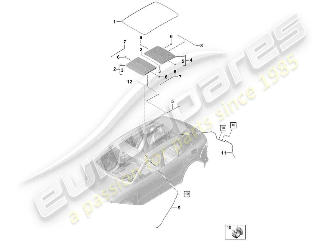 porsche 2018 (cayenne e3 9ya/9yb) glass roof accessories cover water drainage hose parts diagram