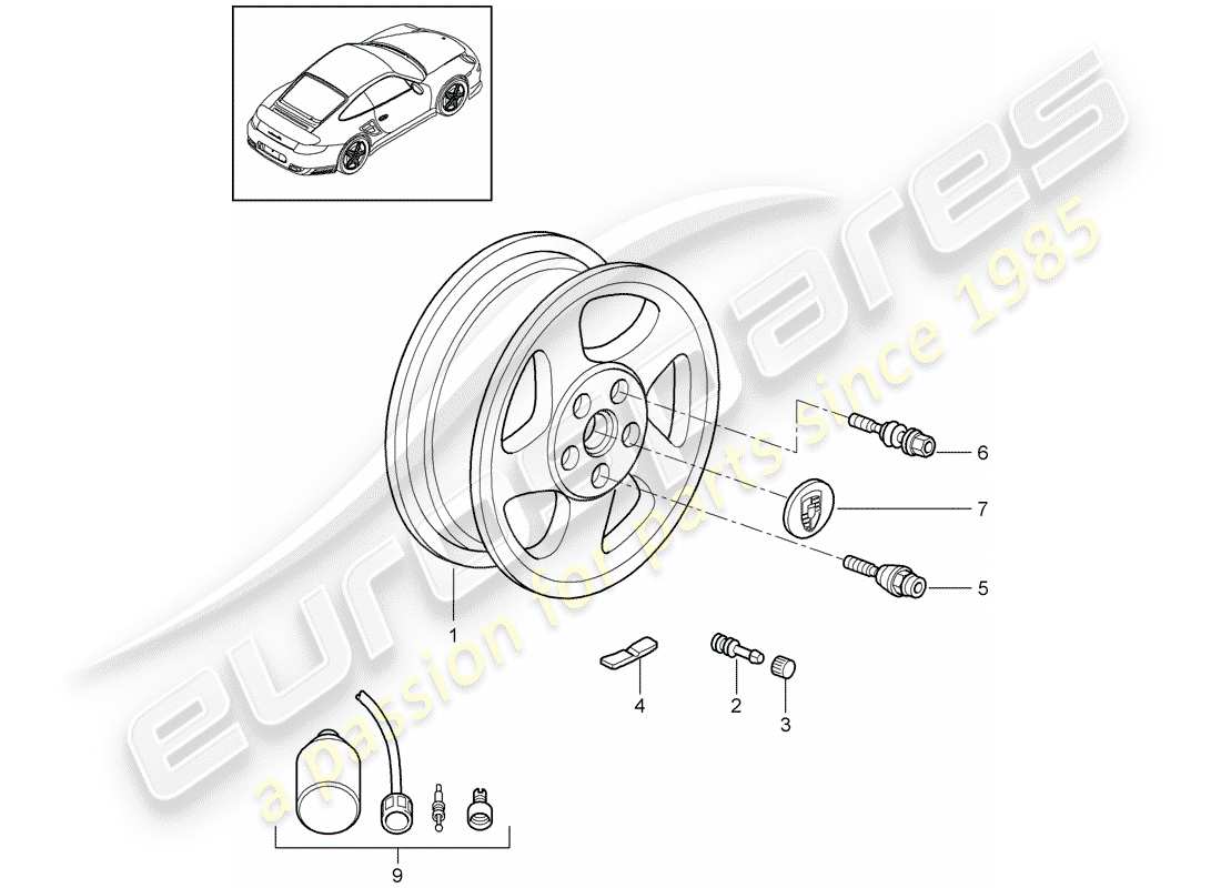 porsche 911 t/gt2rs (2011) wheels parts diagram