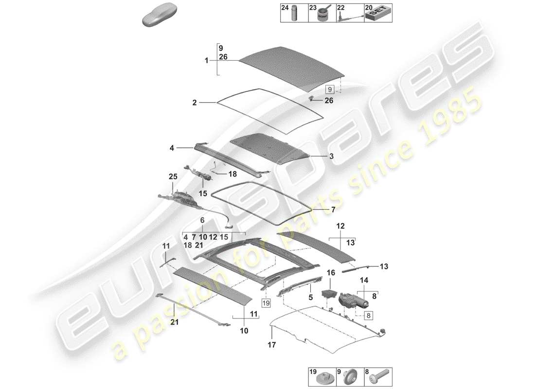 porsche 2019 (992-1) sliding/tilting roof part diagram